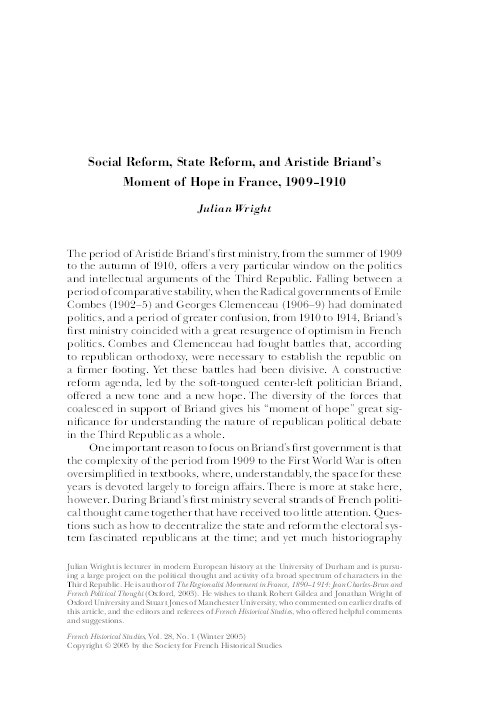 Social reform, state reform and Aristide Briand's moment of hope in France, 1909-10 Thumbnail