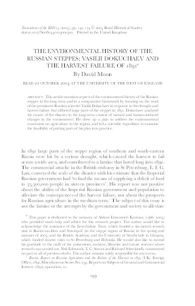 The environmental history of the Russian steppes: Vasilii Dokuchaev and the harvest failure of 1891 Thumbnail
