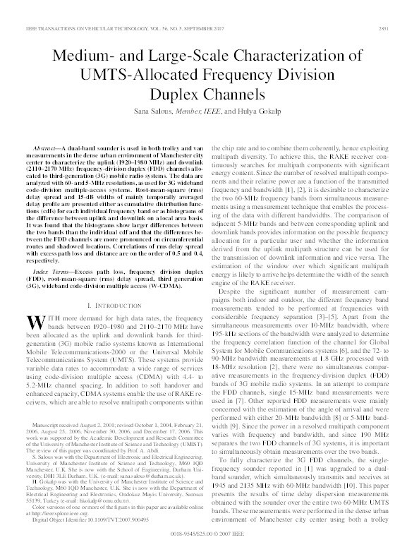 Medium- and large-scale characterization of UMTS-allocated frequency division duplex channels Thumbnail