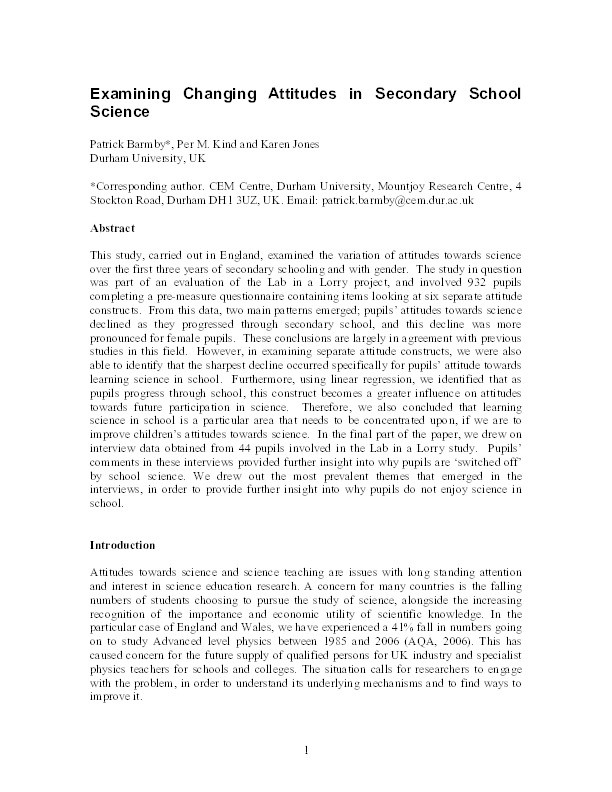 Examining Changing Attitudes in Secondary School Science Thumbnail