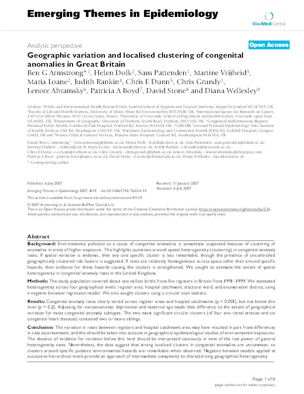 Geographic variation and localised clustering of congenital anomalies in Great Britain Thumbnail