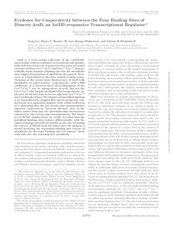 Evidence for Cooperativity between the Four Binding Sites of Dimeric ArsD, an As (III)-responsive Transcriptional Regulator Thumbnail