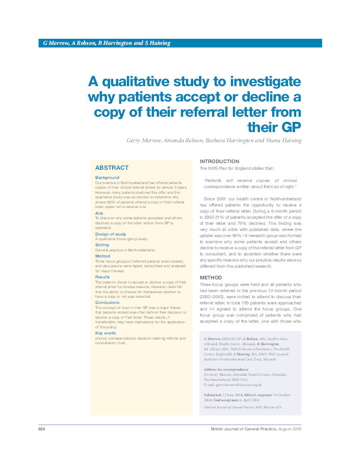 A qualitative study to investigate why patients accept or decline a copy of their referral letter from their GP Thumbnail