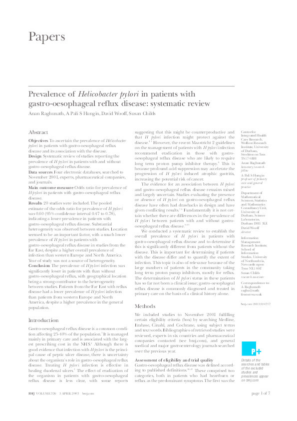 Prevalence of Helicobacter pylori in patients with gastro-oesophageal reflux disease: systematic review Thumbnail