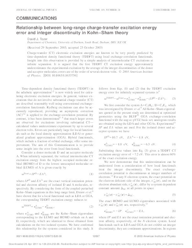 Relationship between long-range charge-transfer excitation energy error and integer discontinuity in Kohn-Sham theory Thumbnail