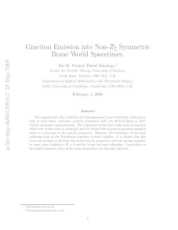 Graviton Emission into Non-Z_2 Symmetric Brane World Spacetimes Thumbnail