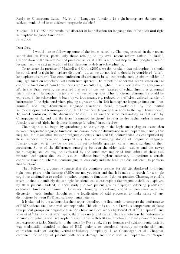 Reply to ‘Language functions in right-hemisphere damage and schizophrenia: similar or different pragmatic deficits?’ (Champagne-Lavau, M. et al.) Thumbnail