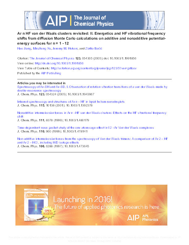 ArnHF van der Waals clusters revisited: II. Energetics and HF vibrational frequency shifts from diffusion Monte Carlo calculations on additive and nonadditive potential-energy surfaces for n=1-12 Thumbnail