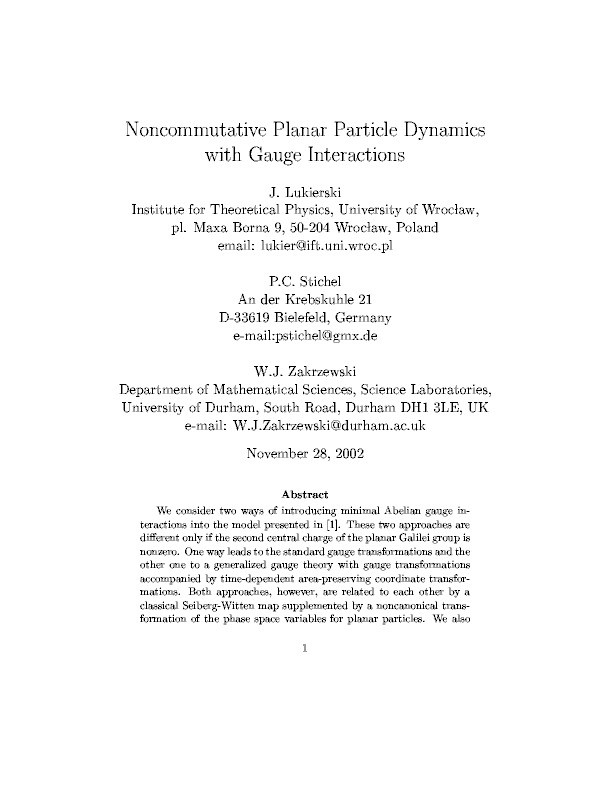 Noncommutative planar particle dynamics with gauge interactions Thumbnail