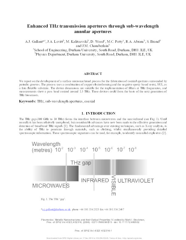 Enhanced THz transmission apertures through sub-wavelength annular apertures Thumbnail