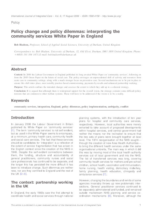 Policy Change and Policy Dilemmas: interpreting the community services White Paper in England Thumbnail