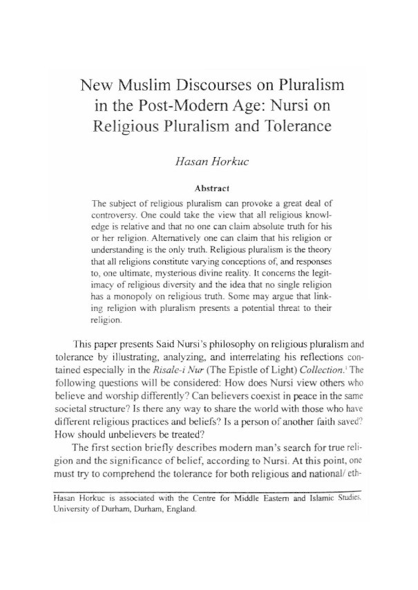 'New Muslim Discourses on Pluralism in the Postmodern Age: Nursi on Religious Pluralism and Tolerance' Thumbnail
