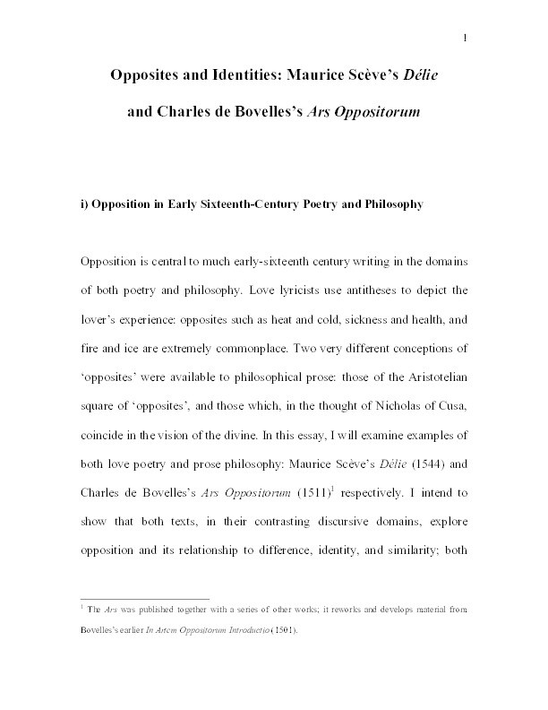 Opposites and Identities: Maurice Scève's Délie and Charles de Bovelles's Ars Oppositorum Thumbnail