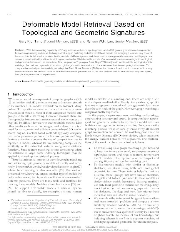 Deformable Model Retrieval Based on Topological and Geometric Signatures Thumbnail