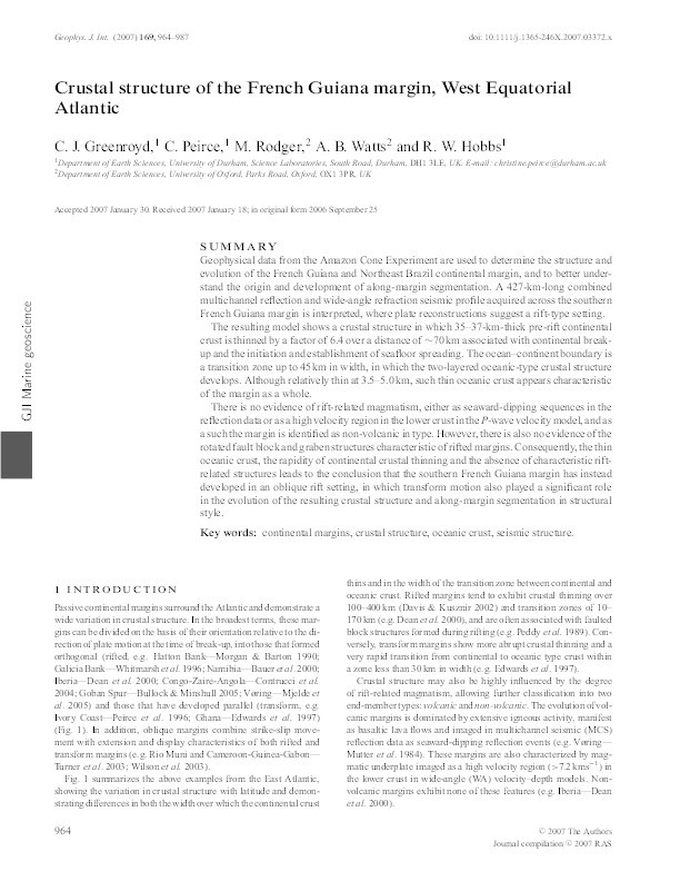 Crustal structure of the French Guiana margin, West Equatorial Atlantic Thumbnail