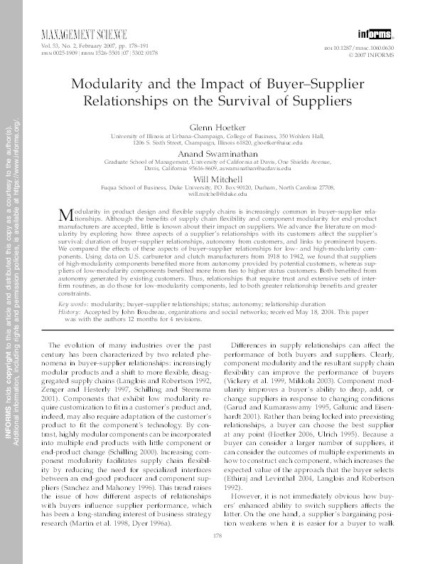 Modularity and the impact of buyer-supplier relationships on the survival of suppliers Thumbnail