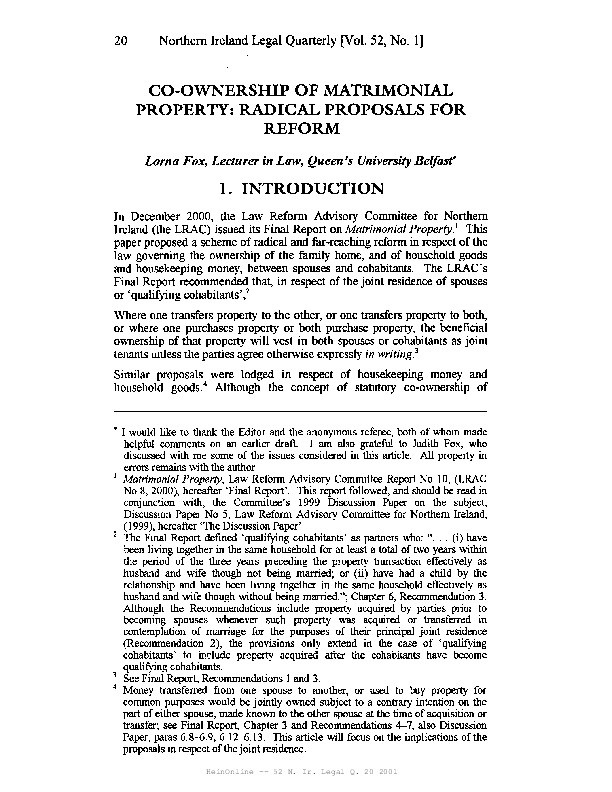 Co-ownership of Matrimonial Property: Radical Proposals for Reform Thumbnail