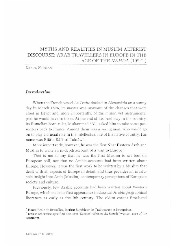 Myths and Realities in Muslim Alterist Discourse: Arab Travellers in Europe in the Age of the Nahda (19th c.) Thumbnail