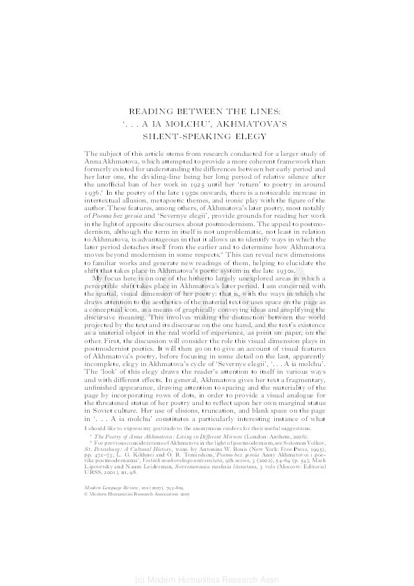 Reading Between the Lines: '...A ia molchu', Akhmatova's Silent-Speaking Elegy Thumbnail