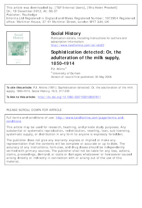 Sophistication detected: or, the adulteration of the milk supply, 1850-1914 Thumbnail