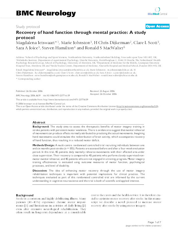 Recovery of hand function through mental practice: A study protocol Thumbnail