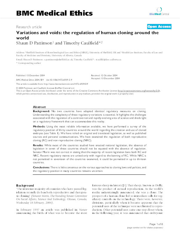 Variations and voids: the regulation of human cloning around the world Thumbnail