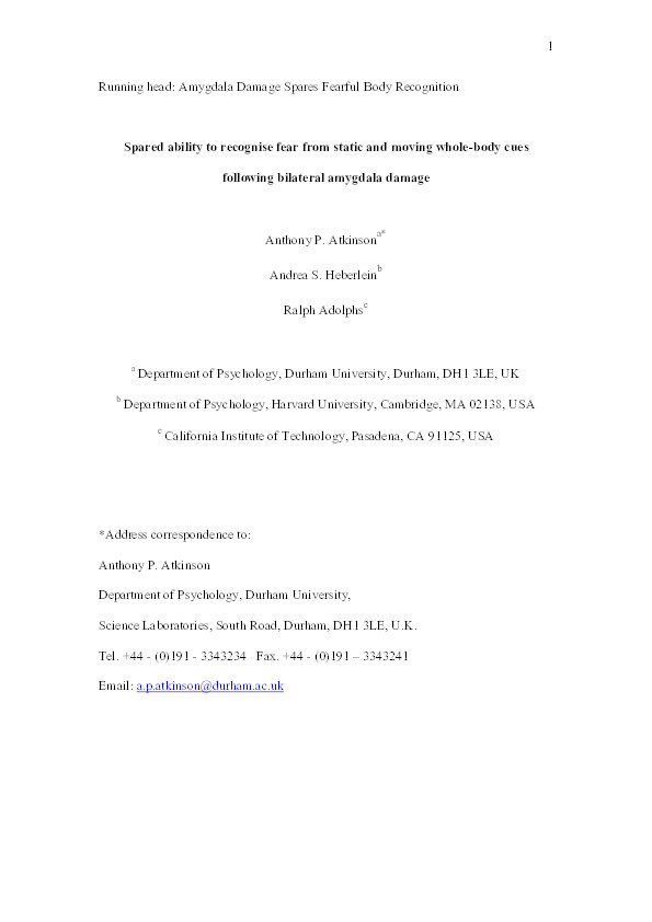 Spared ability to recognise fear from static and moving whole-body cues following bilateral amygdala damage Thumbnail