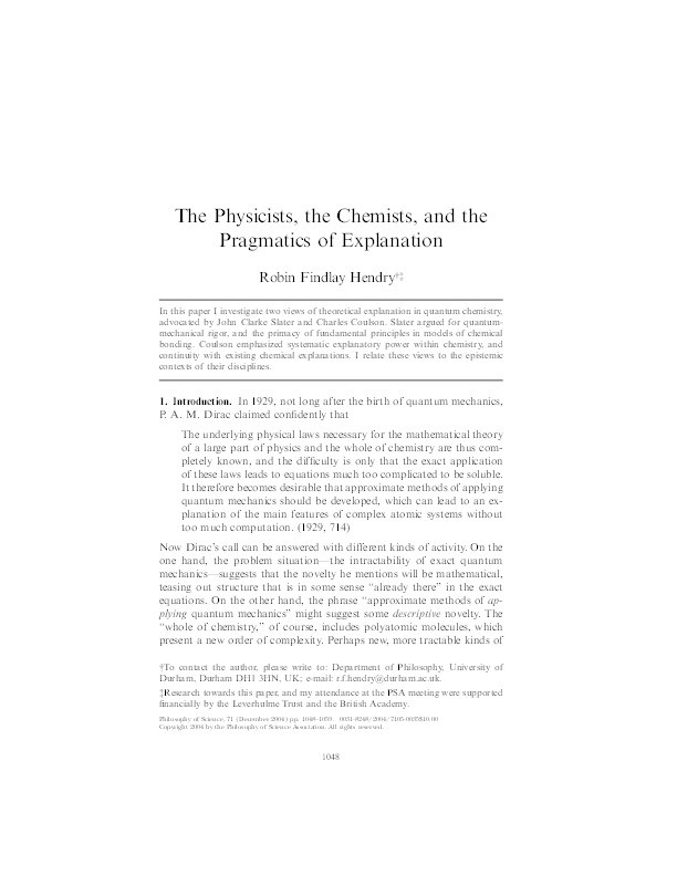 ‘The physicists, the chemists and the pragmatics of explanation’ Thumbnail