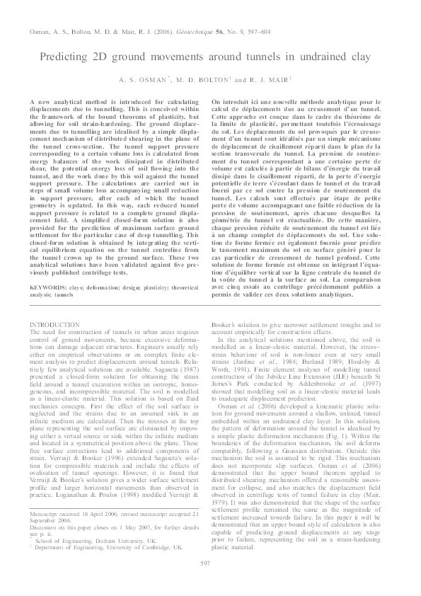 Predicting 2D ground movements around tunnels in undrained clay Thumbnail