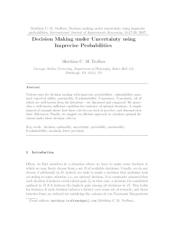 Decision making under uncertainty using imprecise probabilities Thumbnail