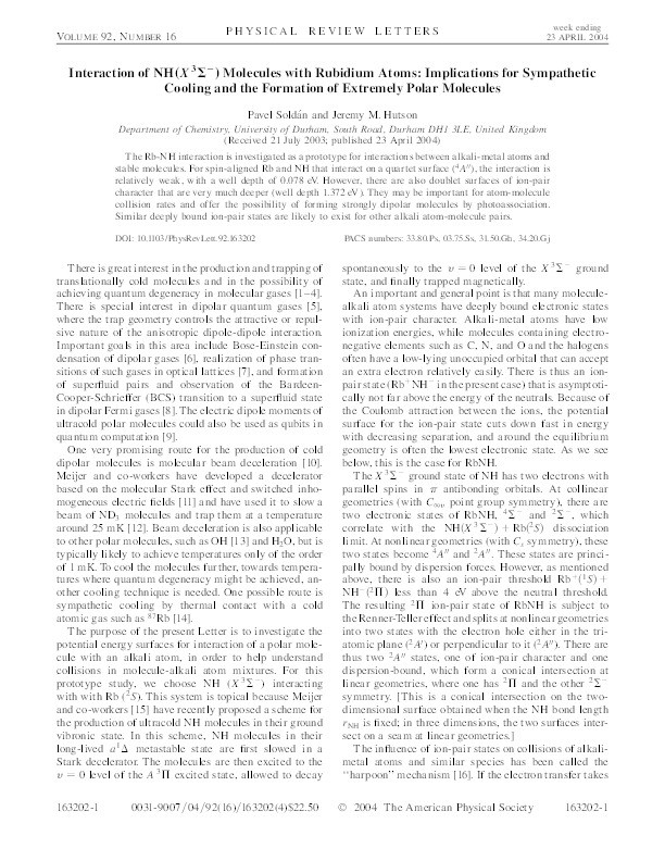 Interaction of NH(X-3 Sigma(-)) molecules with rubidium atoms: Implications for sympathetic cooling and the formation of extremely polar molecules Thumbnail