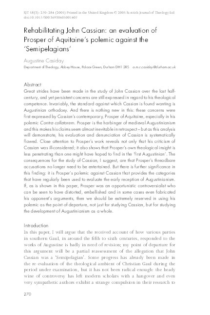 'Rehabilitating John Cassian: An evaluation of Prosper of Aquitaine’s polemic against the “Semipelagians”’ Thumbnail