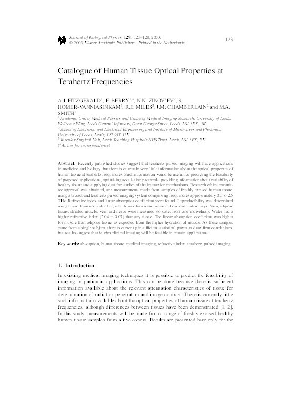 Catalogue of Human Tissue Optical Properties at Terahertz Frequencies Thumbnail