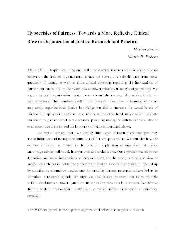 Hypocrisies of fairness : towards a more reflexive ethical base in organizational justice research and practice Thumbnail