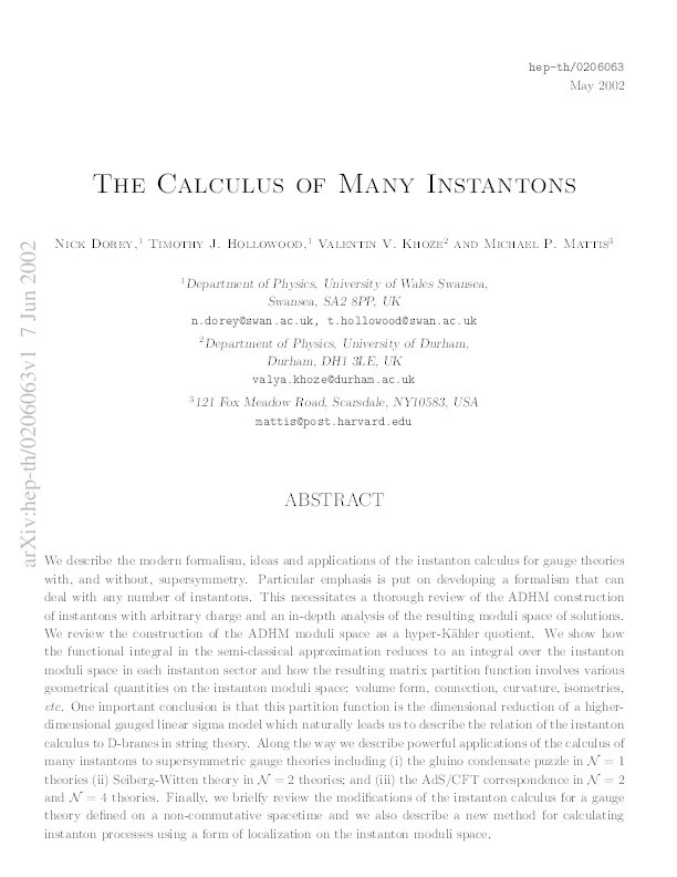 The calculus of many instantons Thumbnail