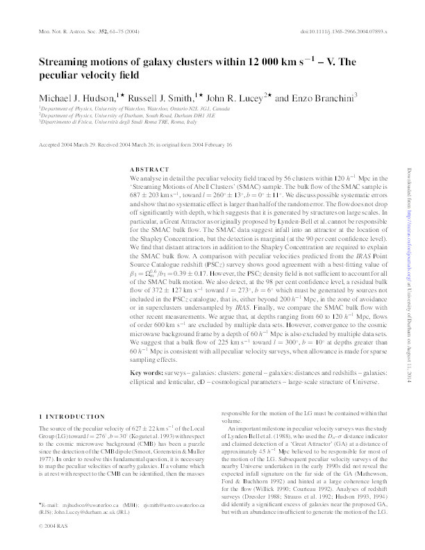 Streaming motions of galaxy clusters within 12 000 km/s - V. The peculiar velocity field Thumbnail