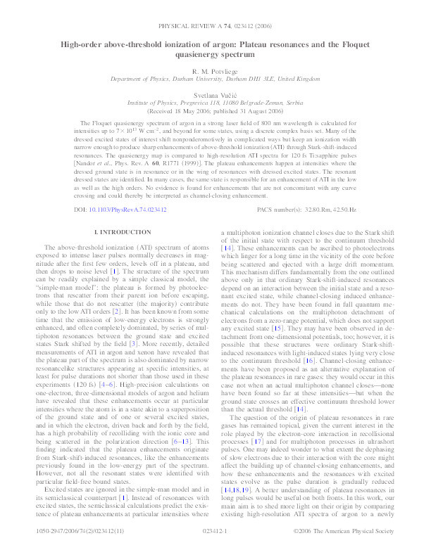 High-order above-threshold ionization of argon: plateau resonances and the Floquet quasienergy spectrum Thumbnail