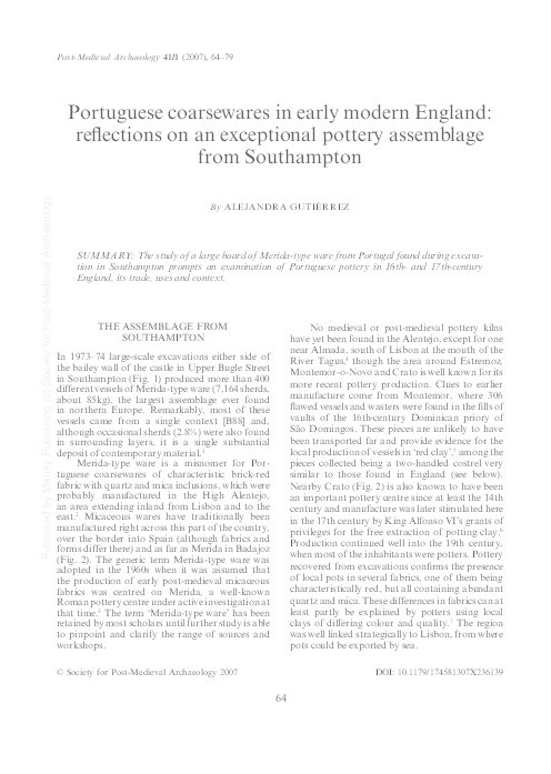 Portuguese coarsewares in early modern England: reflections on an exceptional pottery assemblage from Southampton Thumbnail