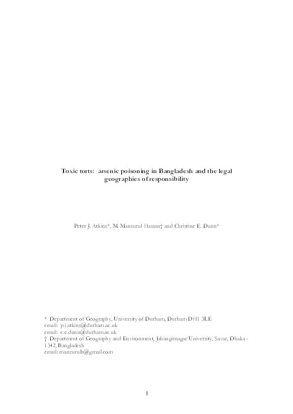 Toxic torts: arsenic poisoning in Bangladesh and the legal geographies of responsibility Thumbnail