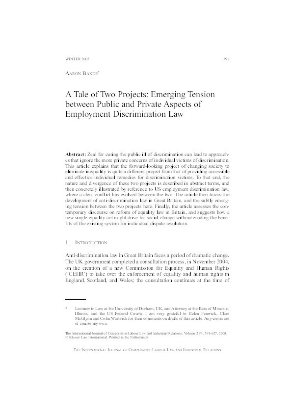 A Tale of Two Projects: Emerging Tension between the Public and Private Aspects of Employment Discrimination Law Thumbnail