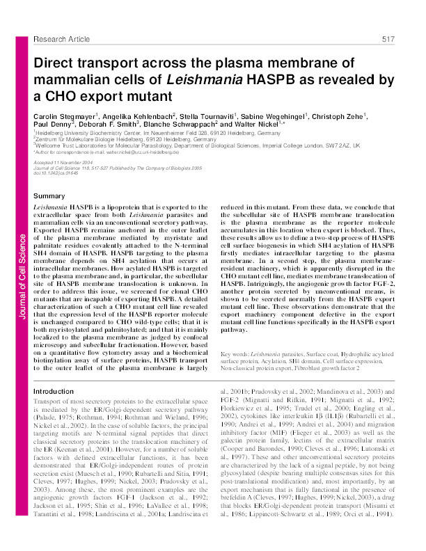 Direct transport across the plasma membrane of mammalian cells of Leishmania HASPB as revealed by a CHO export mutant Thumbnail
