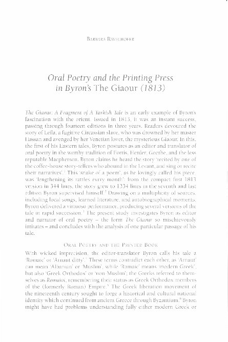 Oral Poetry and the Printing Press in Byron's The Giaour (1813) Thumbnail