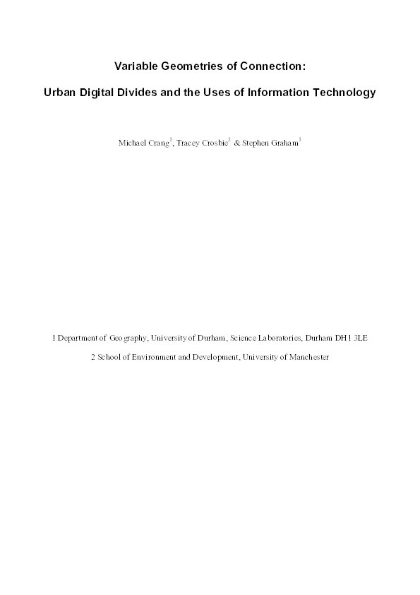 Variable geometries of connection: Urban digital divides and the uses of Information Technology Thumbnail
