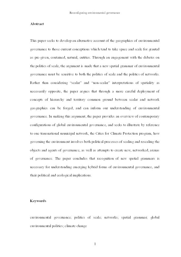 Reconfiguring environmental governance: Towards a politics of scales and networks Thumbnail