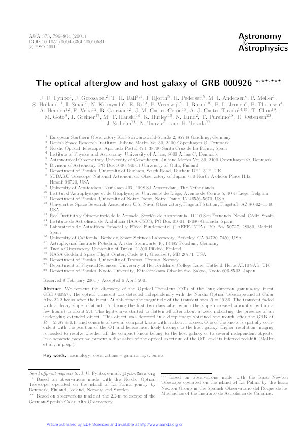 The optical afterglow and host galaxy of GRB 000926 Thumbnail