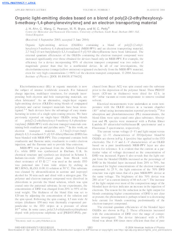 Organic light-emitting diodes based on a blend of poly[2-(2-ethylhexyloxy)-5-methoxy-1,4-phenylenevinylene] and an electron transporting material Thumbnail