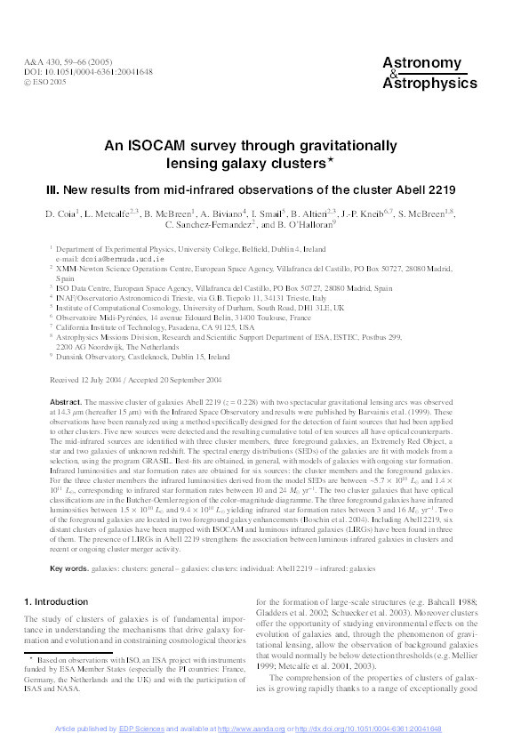 An ISOCAM survey through gravitationally lensing galaxy clusters III : new results from mid-infrared observations of the cluster Abell 2219 Thumbnail