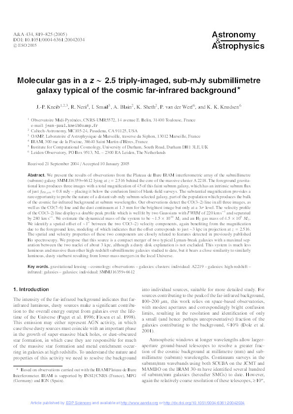 Molecular gas in a z ∼ 2.5 triply-imaged, sub-mJy submillimetre galaxy typical of the cosmic far-infrared background Thumbnail