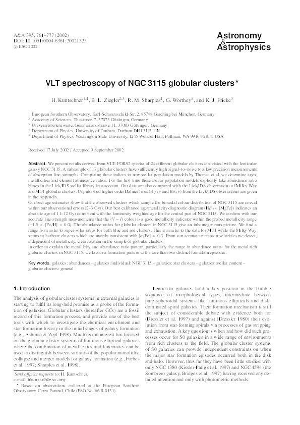 VLT spectroscopy of NGC 3115 globular clusters Thumbnail