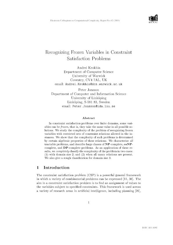Recognizing frozen variables in constraint satisfaction problems Thumbnail